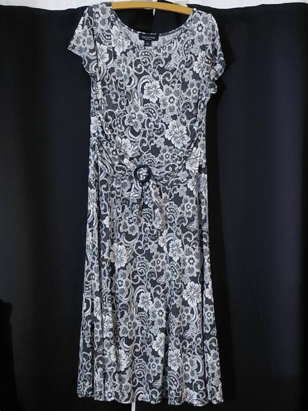 Perceptions New York, Lace Print short sleeve Dress with Buckle Accent-XL Black